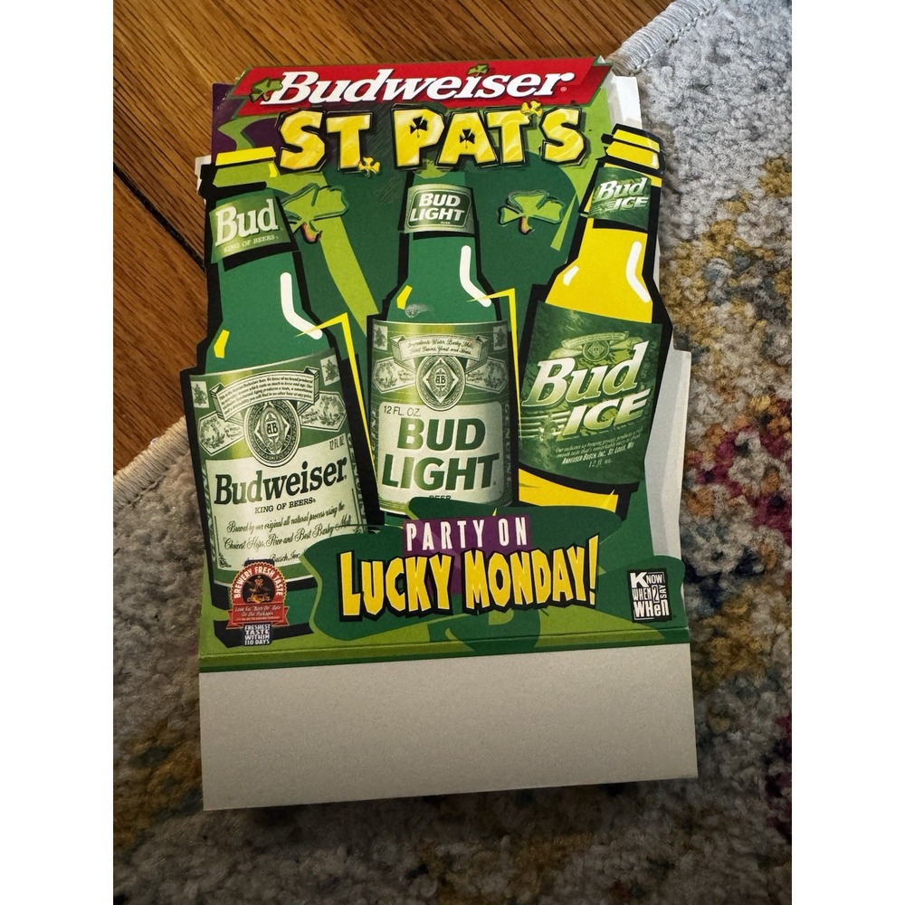 Vintage Budweiser St. Patrick's Day Paper Ad Standing Sign 1996 Lucky Monday‎